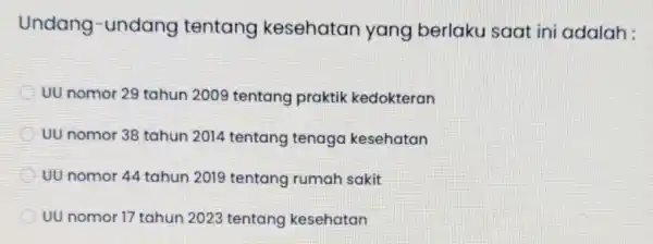 Undang-undang tentang kesehatan yang berlaku saat ini adalah: UU nomor 29 tahun 2009 tentang praktik kedokteran C UU nomor 38 tahun 2014 tentang tenaga