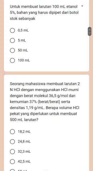 Untuk membua t larutan 100 mL etanol x 5% , bahan yang I harus dipipet dari botol stok sebanyak 0,5 mL 5 mL 50