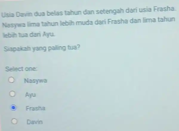 Usia Davin dua belas tahun dan setengah dari usia Frasha Nasywa lima tahun lebih muda dari Frasha dan lima tahun lebih tua dari Ayu.