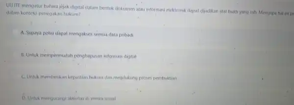 UU ITE mengat ur bahwa jejak d igital dalam bentuk do kumen ata u inform asi el ektronik dapat dijadikan alat bukti yang sah.