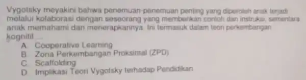 Vygotsky bahwa penemuan -penemuan penting yang diperoleh anak teriadi melalui kolaboras dengan yang memberikan contoh dan instruksi sementara anak memahami dan menerapkannya Ini termasuk