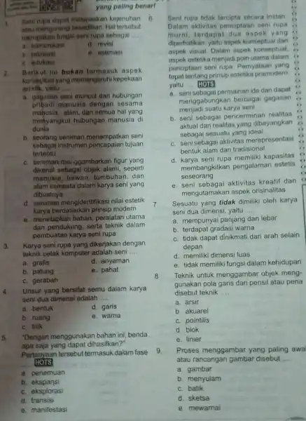 yang paling benarl Seni rupa dapat melepaskan kejenuhan 6 atau mengurang Hal tersebut merupakan fungsi seni rupa sebagal __ a. komunikasi d. revisi b.