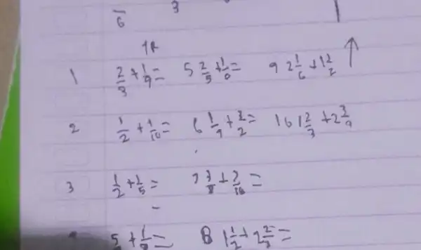 1 (2)/(3)+(1)/(4)=5 (2)/(5)+(1)/(6)=92 (1)/(6)+1 (1)/(2) 2 (1)/(2)+(1)/(10)=6 (1)/(4)+(2)/(2)=161 (2)/(3)+2 (3)/(9) 3 (1)/(2)+(1)/(5)=7 (3)/(8)+(2)/(16)= 5+(1)/(2)=81 (1)/(2)+2 (2)/(3)=