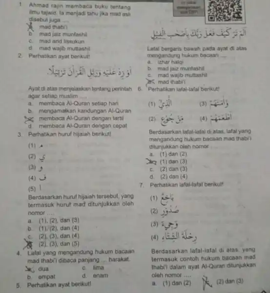 1. Ahmad rajin membaca buku tentang ilmu tajwid. la menjad tahu jika mad asli disebut juga __ mad thabi'l b. mad jaiz munfashil c.