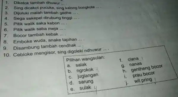 1. Diketok tambah dhuwur __ 2. Sing dicakot pucuke sing kalong bongkote __ 3. Dijuluki malah tambah gedhe __ 4. Sega sekepel dirubung tinggi