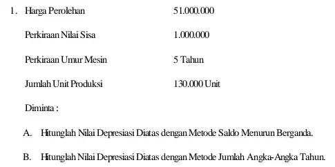 1. Harga Perolehan 51.000.000 Perkiraan Nilai Sisa 1.000.000 Perkiraan Umur Mesin Jumlah Unit Produksi 130.000 Unit Diminta : A. Hitunglah Nilai Depresiasi Diatas dengan