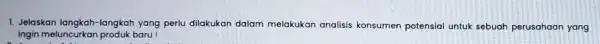 1. Jelaskan langkah-langkah yang perlu dilakukan dalam melakukan analisis konsumen potensial untuk sebuah perusahaan yang ingin meluncurkan produk baru!