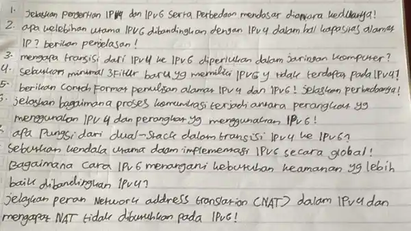 1. Jelaskan pengertian IPV dan IPv6 serta Perbedaan mendasar dianara kedkanya! 2. apa welebihan utama IPV 6 dibandinghan dengan IPv 4 dalam hal kapasias