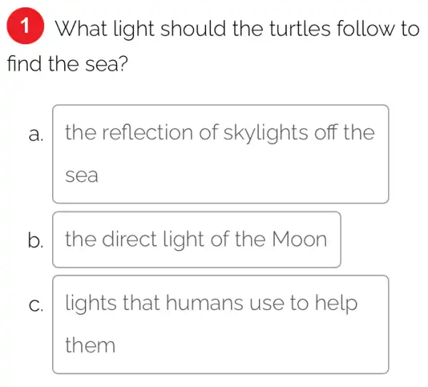 1 What light should the turtles follow to find the sea? a. the reflection of skylights off the sea the direct light of the