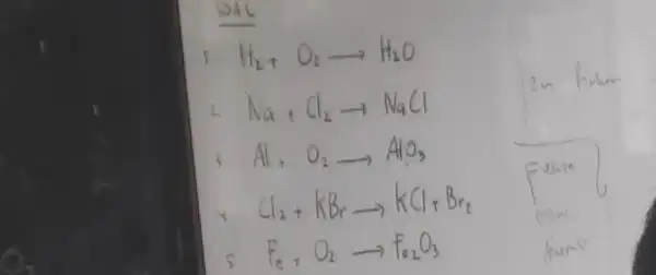 ( 1. ) mathrm(H)_(2)+mathrm(O)_(2) longrightarrow mathrm(H)_(2) mathrm(O) ( 2. ) mathrm(Na)+mathrm(Cl)_(2) arrow mathrm(NaCl) ( 3. ) mathrm(Al)+mathrm(O)_(2) longrightarrow mathrm(AlO)_(3) ( 4. ) mathrm(Cl)_(2)+mathrm(KBr) arrow