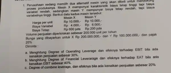 1. Perusahaan sedang memilih dua alternatif mesin yang akan dibeli untuk mendukung proses produksin a. Mesin X mempun vai karakteristik biaya tetap tinggi tapi