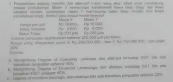 1. Perusahaan sedang memith dua alternatif mesin yang akan dibeli untuk mendukung proses produksinya Mesin X mempunyai karakteristik biaya tetap tinggi tapi biaya variabel