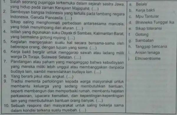 1. Salah seorang pujangga terkemuka dalam sejarah sastra Jawa yang hidup pada zaman Kerajaan Majapahit. () 2. Semboyan bangsa Indonesia yang tertulis pada lambang