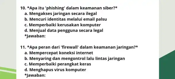 10. Apa itu 'phishing' dalam keamanan siber? a. Mengakse jaringan secara ilegal b. Mencuri identitas melalui email palsu c. Memperbaik i kerusakan komputer d.