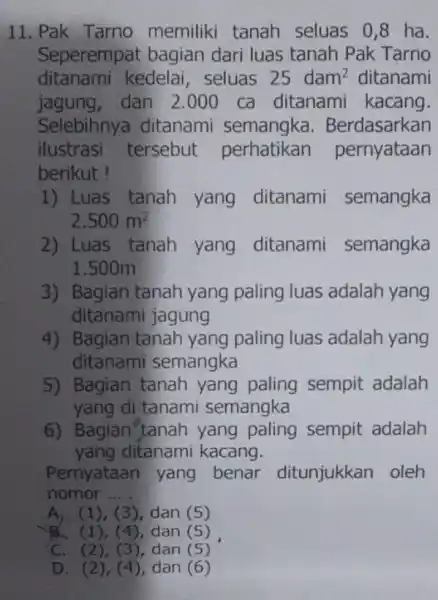 11. Pak Tarno memiliki tanah seluas 0,8 ha. Seperempat bagian dari luas tanah Pak Tarno ditanami kedelai , seluas 25dam^2 ditanami jagung, dan 2