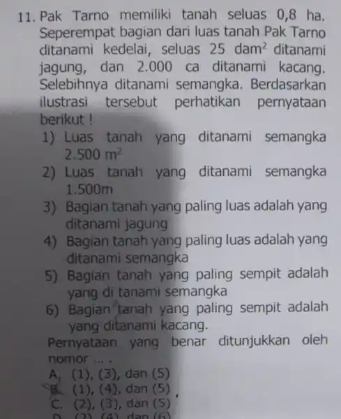 11. Pak Tarno memiliki tanah seluas 0,8 ha. Seperempat bagian dari luas tanah Pak Tarno ditanami kedelai, seluas 25dam^2 ditanami jagung, dan 2 .000