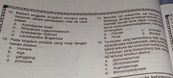 12. Bakteri anggota kingdom monera yang berperan dalam pembuatan nata de coco adalah __ a. Acetobacter Aceti b - Rhizobium Leguminosarum C. Acetobacter Xylinum