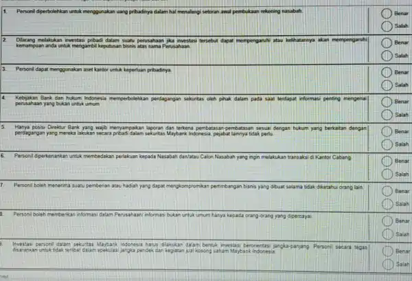 12 Benar Salah Benar Salah Personil dapat menggunakan aset kantor untuk keperluan uan pribadinya. Benar Salah Benar Salah Benar Salah Benar Salah Personil boleh