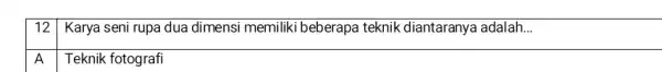 12 Karya seni rupa dua dimensi memiliki beberapa teknik diantaranya adalah. __ A Teknik fotografi