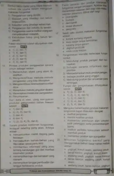 13 Berikut faktor-faktor yang dapat memun- culkan ide usaha dalam mengolah makanan fungsional. 1) Pengetahuan yang dimiliki 2) Masalah yang dihadapi dan belum terpecahkan.