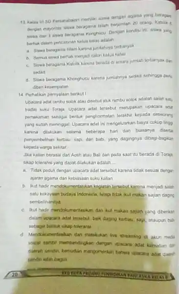 13. Kelas viso Persahabatan momilik Alwava dengan agama yang beragan dengan mayoritas siawa boragame Islam berjumlah 20 orang Katolie 5 Niswa dan 3 siswa