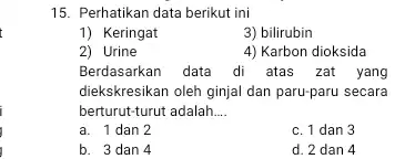 15. Perhatikan data berikut : ini 1) Keringat 3) bilirubin 2) Urine 4) Karbon dioksida Berdasarkan data di atas zat yang diekskresikan oleh ginjal