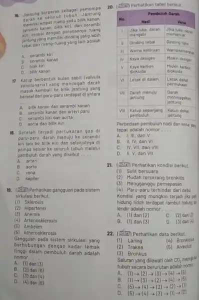 16. Jantung berperan sebagai pemompa darah ke seluruh tubuh. Jantung memiliki empat ruang untuk bilik kanan. serambi kanan, bilik kiri, dan serambi kiri. sesuai