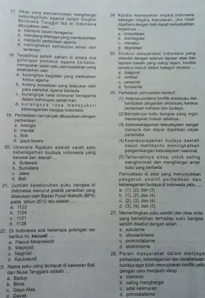 17. Sikap yang mencerminkan menghargai Bhinneka Tunggal Ika di Indonesia keberagaman agama dalam a. toleransi dalam beragama ditunjukkan oleh __ b. menolong tetangga yang