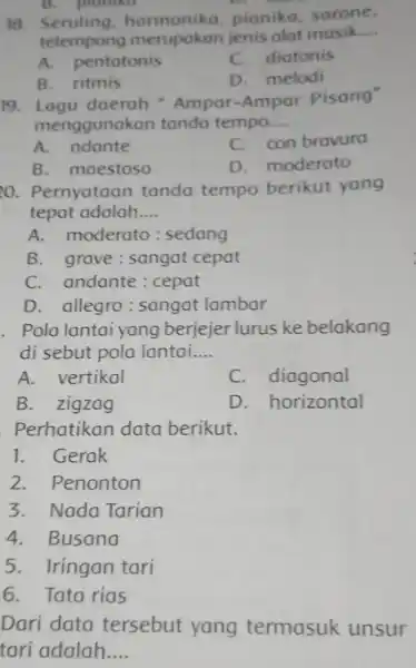 18 harmonika,pianika, sarone, telempong jenis alat musik __ A. pentatonis C. diatonis B. ritmis D. melodi B. planiko 19. Lagu daerah "Ampar-Ampar Pisang" menggunakan