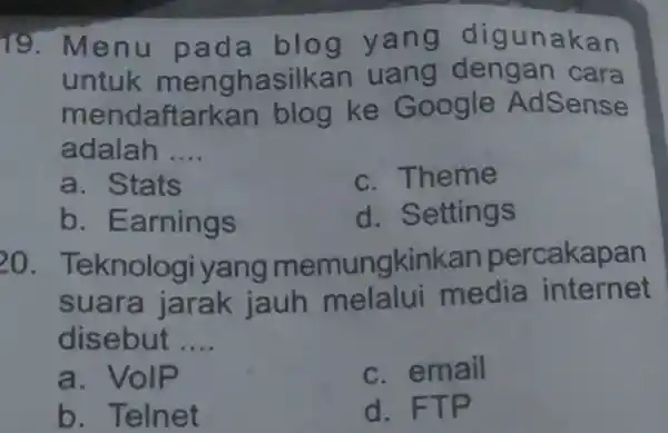 19. Menu pada blog yang digunakan untuk menghasilkan uang dengan cara mendaftarkan blog ke Google AdSense adalah __ a. Stats c. Theme b .