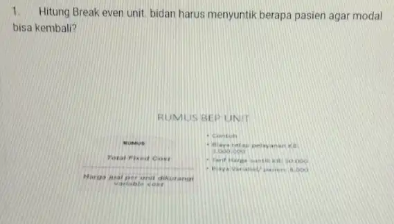 1.Hitung Break even unit bidan harus menyuntik berapa pasien agar modal bisa kembali? RUMUS BEP UNIT - Blaya tetap pe ayanan Ka 1000000 numue