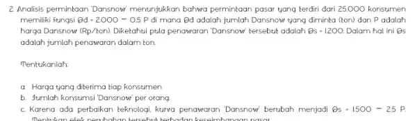 2. Analisis perminkaan Dansnow menunjukkan bahwa permintaan pasar yang terdiri dari 25,000 konsumen memiliki fungsi Theta d=2000-0,5P đi mana (2d adalah jumlah Dansnow yang