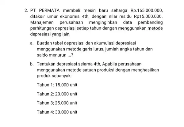 2. PT PERMATA membeli mesin baru seharga Rp.165.000.000 ditaksir umur ekonomis 4th dengan nilai residu Rp15.000.000 Manajemen perusahaan menginginkan data pembanding perhitungan depresiasi setiap