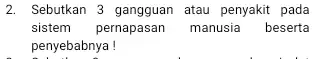 2. Sebutkan 3 gangguan atau penyakit pada sistem pernapasan manusia beserta penyebabnya!