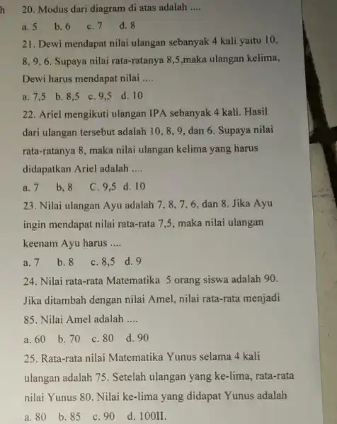 20. Modus dari diagram di atas adalah __ a. 5 b. 6 C. 7 d. 8 21. Dewi mendapat nilai ulangan sebanyak 4 kali