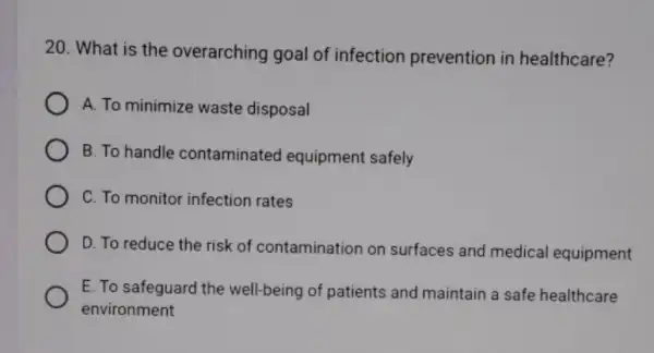 20. What is the overarching goal of infection prevention in healthcare? A. To minimize waste disposal B. To handle contaminated equipment safely C. To