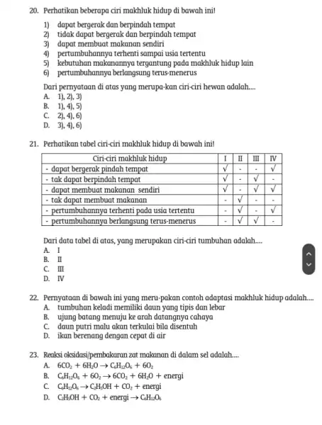 20. Perhatikan beberapa ciri makhluk hidup di bawah ini! 1) dapat bergerak dan berpindah tempat 2) tidak dapat bergerak dan berpindah tempat 3) dapat