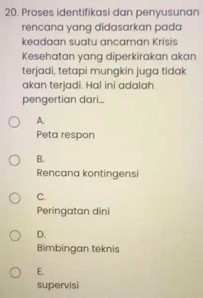 20. Proses identifikasi dan penyusunan rencana yang didasarkan pada keadaan suatu ancaman Krisis Kesehatan yang diperkirakan akan terjadi, tetapi mungkin juga tidak akan terjadi