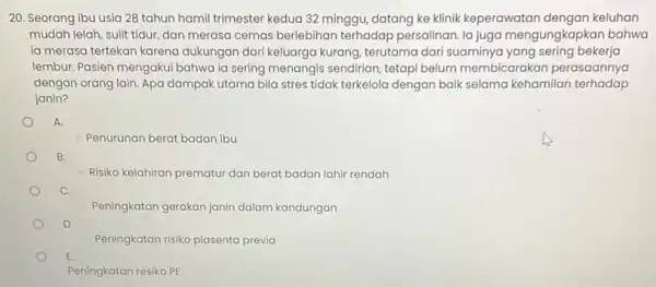 20. Seorang ibu usia 28 tahun hamil trimester kedua 32 minggu, datang ke klinik keperawatan dengan keluhan mudah lelah, sulit tidur dan merasa cemas