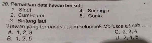 20.Perhatikar data hewan berikut ! 1. Siput 4. Serangga 2. Cum i-cumi 5 . Gurita 3 Bintang laut 'Hewan yang termasuk dalam kelompok Mollusca