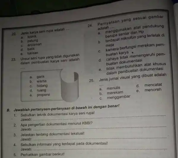 22. Jenis karya seni rupa adalah .... a. komik b. patung c. anyaman d. batik e. lukisan 23. Unsur seni rupa yang tidak digunakan