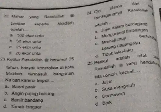 22 Mahar yang Rasulallah . berikan kepada khadijah adalah __ a. 100 ekor unta b. 50 ekor unta c. 25 ekor unta d. 20