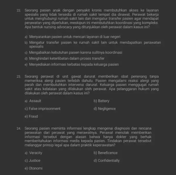 22. Seorang pasien anak dengan penyakit kronis membutuhkan akses ke layanan spesialis yang tidak tersedia di rumah sakit tempat dia dirawat. Perawat bekerja untuk