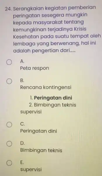 24. Serangkaiar kegiatan pemberian peringatan sesegera mungkin kepada masyarakat : tentang kemungkinan terjadinya Krisis Kesehatan pada suatu tempat oleh lembaga yang berwenang, hal ini