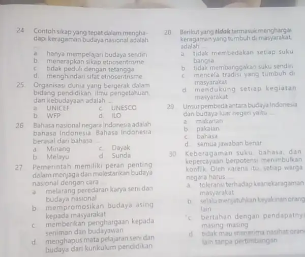 24 Contoh sikap yang tepat dalam mengha- dapi keragaman budaya nasional adalah __ a. hanya mempelajari budaya sendiri b. menerapkan sikap etnosentrisme C. tidak