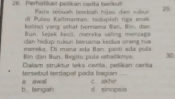 26. Perhatikan petikan cerita berikut! Pada sebuah lembah hijau dan subur di Pulau Kalimantan hiduplah tiga anak kelinci yang sehat bernama Ban. Bin .