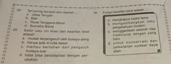 28. Tari piring berasal dar daerah __ e. Jawa Tengah b c. Nusa Tenggara Barat d. Sumatra 29. satu ciri khas dari kearifan lokal