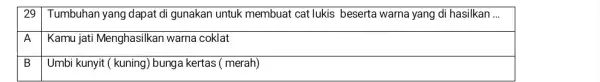 29 Tumbuhan yang dapat di gunakan untuk membuat cat lukis beserta warna yang di hasilkan __ A Kamu jati Menghasilkan warna coklat B Umbi