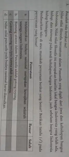 3. Bacalah teks berikut ini! Nilai-nilai filosofis tercantum dalam Pancasila yang digali dari jiwa dan kehidupan bangsa Indonesia. Nilai-nilai filosofis ini merupakan kearifan lokal