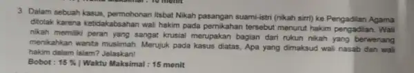 3. Dalam sebuah kasus, permohonan Itsbat Nikah pasangan suami-istri (nikah sim)ke Pengadilan Agama ditolak karena ketidakabsahan wall hakim pada pernikahan tersebut menurut hakim pengadilan.Wali